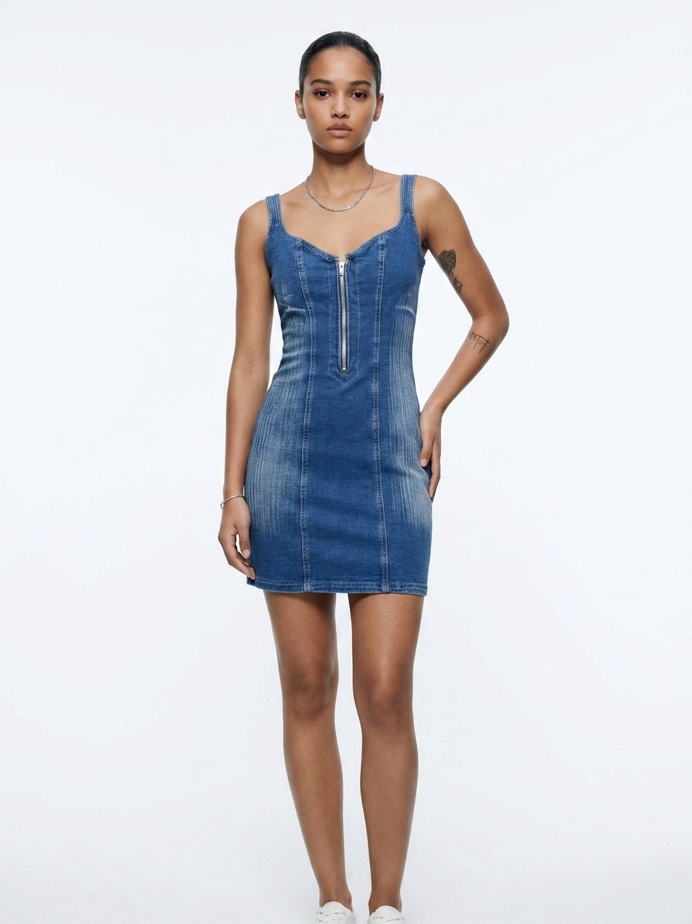 Fitted Denim Mini Dress with Front Zip - Blue 96% Cotton